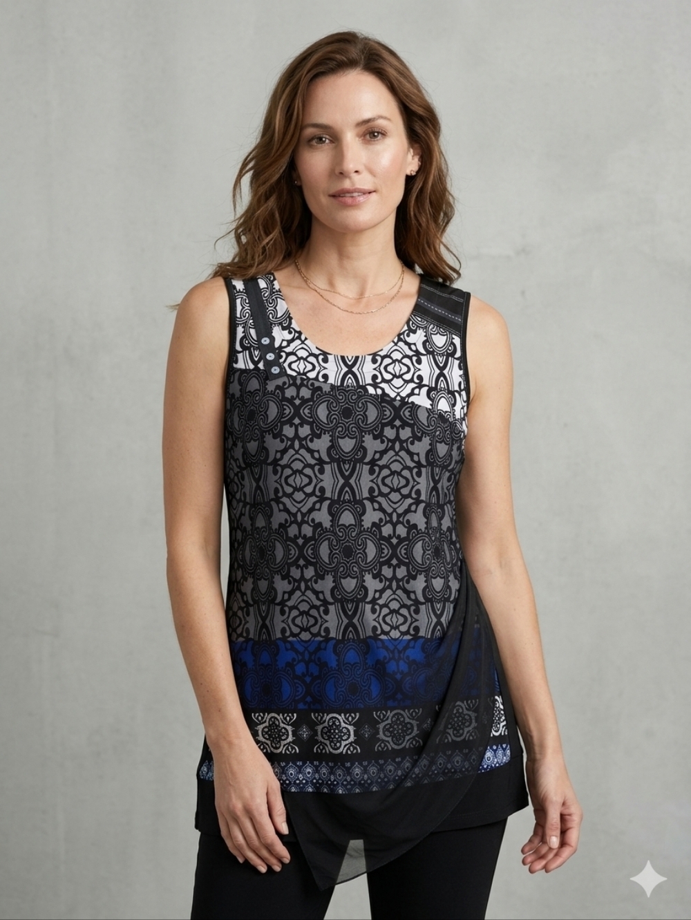Joseph Ribkoff Jersey Sleveless Tunic Top with Draped Mesh Front